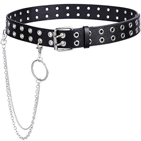 WERFORU Double Grommet Belt Double Hole PU Leather Belt for Women Punk Style Jeans Belt with Detachable Chain Black