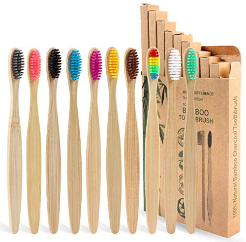 SWKJ Spazzolini da denti in bambù con setole morbide,10 confezioni di spazzolino da denti in bambù naturale organico per adulti e bambini,in confezione ecologica e senza plastica