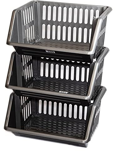 New Stacking Baskets Storage Veg Rack Plastic Stackers, Creme, Grey, Length 36 cm x Depth 30 cm x Height 17.5 cm (Grey, 3 racks)