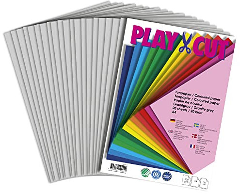 PLAY-CUT Tonpapier A4 Granitgrau (130g/m2) | 20 Bogen Din A4 Papier zum Basteln Drucken | Dickes Bedruckbares Bastelpapier Set und Druckerpapier A4 | Premium Tonzeichenpapier & Craft Paper