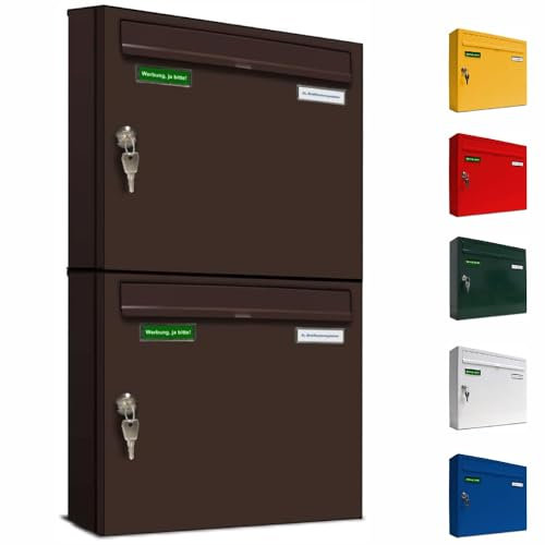 AL Briefkastensysteme Basic 2er Briefkasten RAL 8017 Schokoladen Braun 2 Fach DIN A4 wetterfest Briefkastenanlage mit Posthaltebügel und 2 Namensschildern