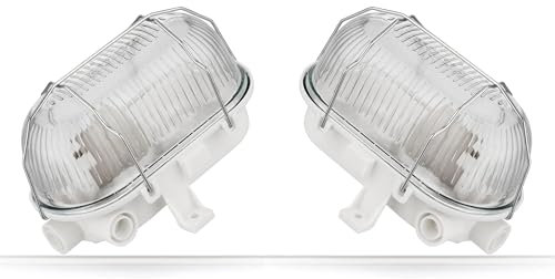 Bulkhead - Lote de 2 bombillas para sótano, E27, IP54, cubierta de cristal, rejilla metálica, máx. 100 W