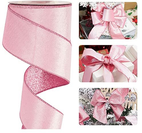 HUIHUANG Pink Velvet Wired Ribbon Christmas Velvet Wired Edge Ribbon 2.5 inch Wide Double Sided Velvet Ribbon for Christmas Tree Wreath Gift Wrapping Bows Garland Home Decor Crafts- 10 Yards