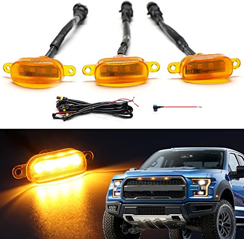 FetonAuto Front Grille Lights compatible with 2010-2018 Ford F150 Raptor Style Aftermarket Grill, LED Amber Grille Marker Lights Cars Grid Decorative Accessories, 3PCS with Fuse and Wire