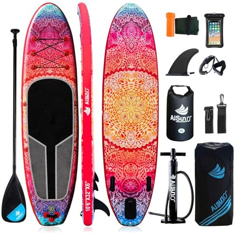 AISUNSS Tabla de yoga de 10.6 pies con accesorios de SUP, incluye alfombrilla antideslizante, bolsa impermeable para teléfono, bomba de doble acción, paleta de aluminio ajustable