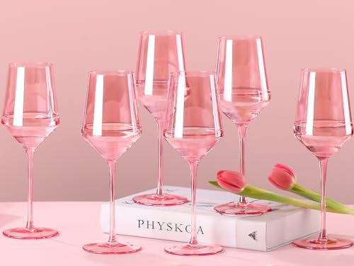 Physkoa Juego de copas de vino rosa de 6 a 15 onzas de vidrio soplado a mano con tallo largo, bodas, cumpleaños, Navidad, día de San Valentín, regalos para los amantes del vino