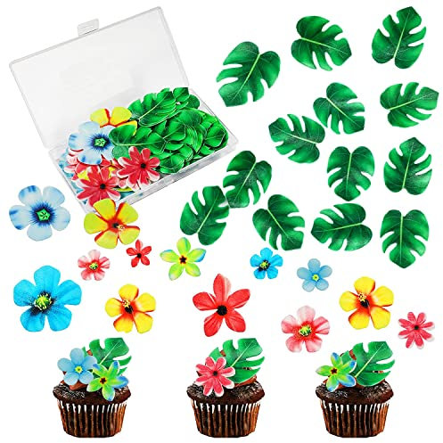 45 Stück Blumen Kuchen Deckel + 45 Stück tortendeko blätter,Essbare Blumen-Kuchen-Deckel,essbare Blätter,Essbare Blumen Cupcake Topper,essbare grüne Kuchendekoration,tortendeko essbar,Dschungel deko