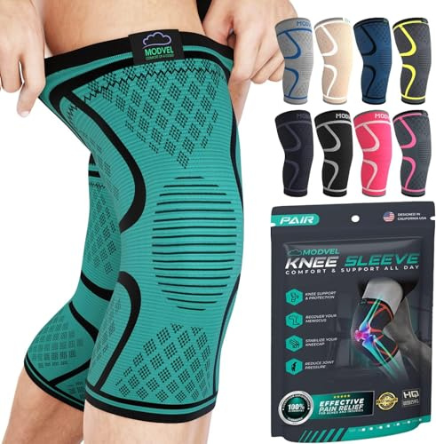 MODVEL Knee Brace Compression Sleeve – 2 Pack Support for Joint Pain Relief, ACL, Arthritis, Meniscus Tear & Best Knee Support for Sprained Ankle