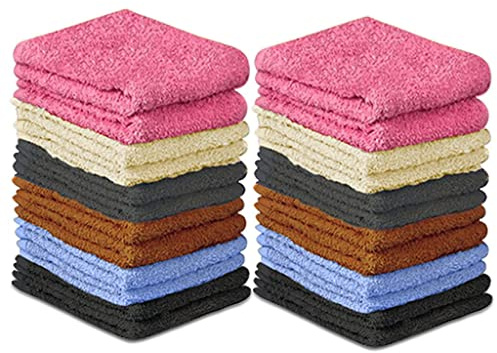 QUBA LINEN 100% Cotton Washcloth Set 24 Packs – Soft, Absorbent Face Towels for Bathroom & Gym Use – Reusable, Durable & Machine Washable Wash Cloths - Multi-Color, 12x12 Inches