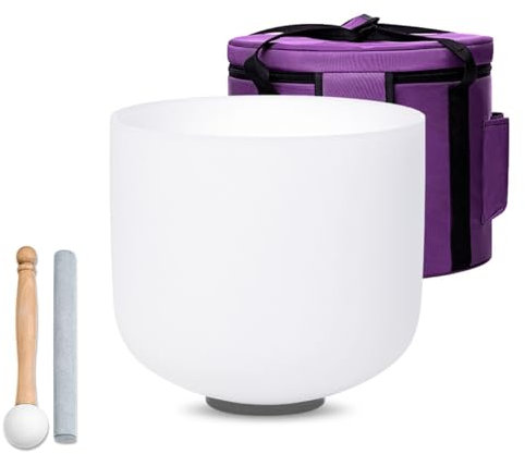 SOUNDELLO 432hz 8 inch Crystal Singing Bowl C Note Root Chakra Chakra Pure White, Sound Healing Meditation Yoga with Carrying Case Mallet and Suede Striker