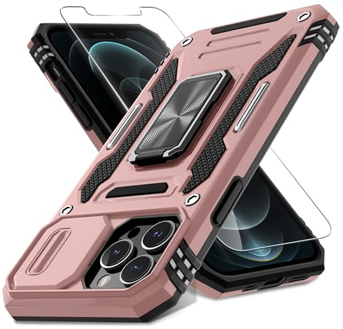 DEERLAMN Case for iPhone 13 Pro Max with Slide Camera Cover+Screen Protector(1 Pack),Rotated Ring Kickstand Military Grade Shockproof Protective Cover 6.7 Inch-Rose Gold