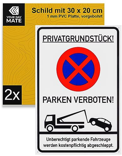 Señal de prohibición Prohibido aparcar en propiedad privada, 2 pzs, 30 x 20 cm, PVC de 1 mm de grosor con perforaciones, señal de prohibición de aparcar en interiores y exteriores