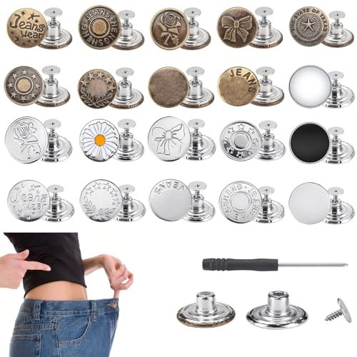 Verstellbare Taille Schnalle, Jeans Button Replacement No Sew: 20 Sets Metallknöpfe für Hosen - sofort verstellbare Knöpfe - enthält einen abnehmbaren Schraubendreher