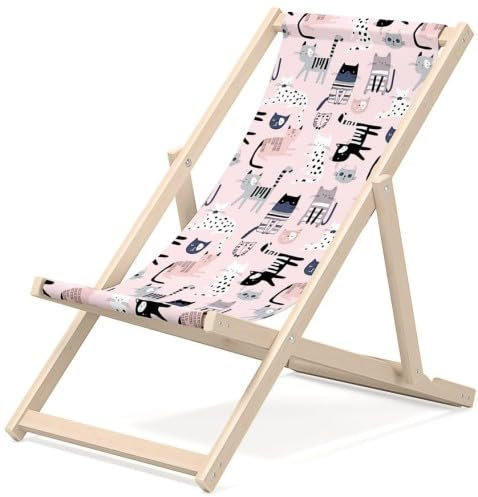 Outentin Kinder Liegestuhl für Garten - Premium Liegestuhl Kinder Holz für Balkon und Strand - Sonnenliege für Kinder - Modernes Design - Liegestuhl Kinder Outdoor - Motiv Kätzchen