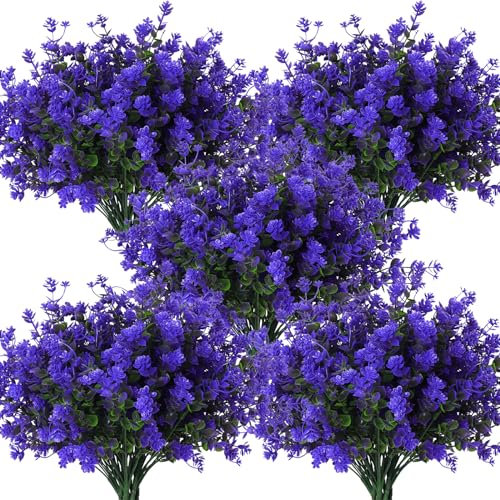 RECUTMS Fake Outdoor Flowers Artificial Flowers Plants for Window Boxes Spring Outdoor Home Decoration, 10 Bundles Fake Faux Eucalyptus for Outside Home Planter Porch Patio Window Yard Decor(Purple)