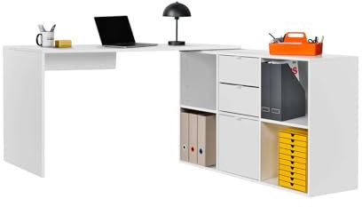 mokebo Eckschreibtisch groß in Weiß mit Schubladen & Fächern 'Der Produktive', auch als Schreibtisch oder Arbeitstisch im Büro, Kinderschreibtisch oder Gaming Tisch 145x77x54 (B/H/T in cm)