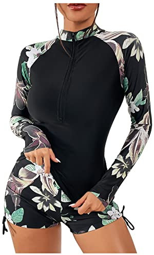Womens Rash Guard Swimsuits Two Piece Floral Printed Swimsuit Uv Protection Zip Long Sleeve with Shorts Ladies Swimming Costume White