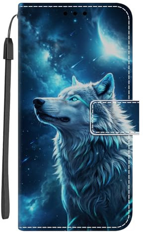 Guxira Handyhülle Leder für Samsung Galaxy A52 4G/5G/A52S 5G, Niedliches Muster Motiv Hülle Lederhülle Klappbar Schutzhülle 360 Grad Stoßfest Cover mit Kartenfachr Klapphülle Flip Case - Sternenwolf