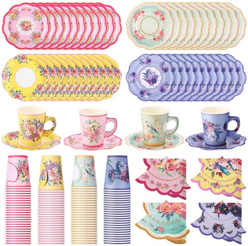 Yetene 300 Stück Einweg-Teeparty-Zubehör, Großpackung, Vintage, 266 ml, Teetassen mit Griff, Blumenmuster, Pappteller, 25,4 cm, Servietten, Teetasse und Untertasse, Set für Geburtstag, Babyparty,