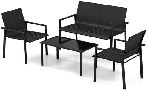 LIFEZEAL Conjunto de 4 Muebles de jardín, Mesa de café de Cristal y 2 sillas de PE ratán y 1 Silla Doble, Grupo de Asientos con Banco de jardín para balcón y Patio Trasero (Negro)