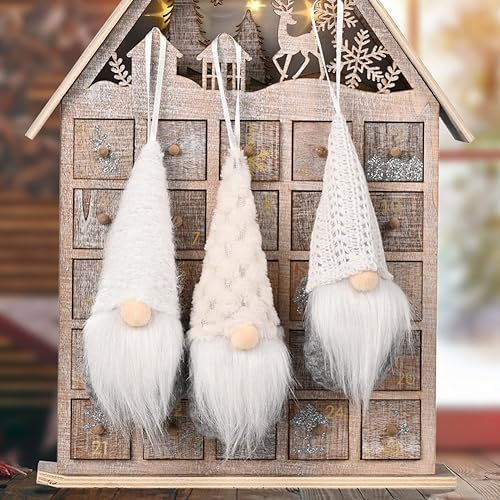 Christmas Decor, 3Pcs Christmas Tree Hangings Gnomes Plush Gonk Santa Doll Pendants Xmas Ornaments (White)