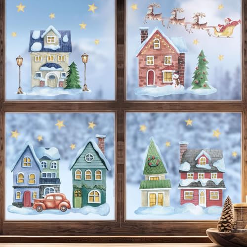 6 Blatt Weihnachten Fensterbilder Doppelseitig Fensterdeko Wiederverwendbar Fenstersticker Selbstklebend Fenster Aufkleber Deko Winter für Glas Kinderzimmer Fensterfolie (6 Blatt Weihnachtshaus)