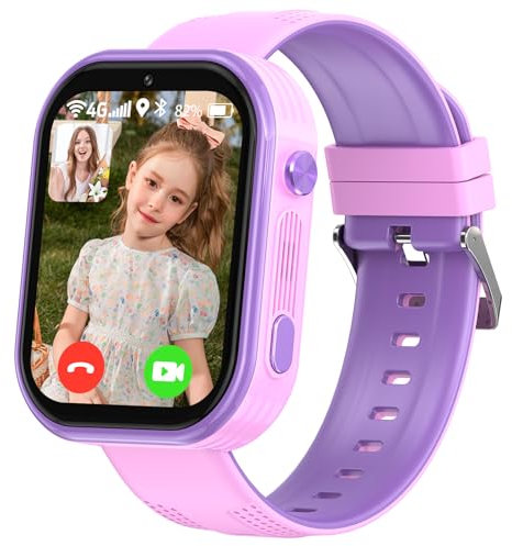 4G Kinder Smartwatch,GPS Smartwatch Kinder mit 4G Telefon Video Anruf Voice Chat SOS Schulmodus Puzzle Spiele, Mädchen Jungen (Rosa-violett)