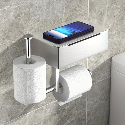 Zjyufy Wandmontierter Toilettenpapierhalter, Doppelter Design- Toilettenpapierhalter mit Regal und Aufbewahrungstuchspender, Edelstahl Toilettenpapierhalter Rollenhalter für Toilette, Küche