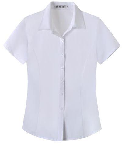 Womens Work Short Sleeve Blouse Shirts Ladies Formal Office Premium Shirts Cotton Reverse Collar Button Down Blouse Plain Easy Care Non-Iron Slim Fit Workwear White 3XL