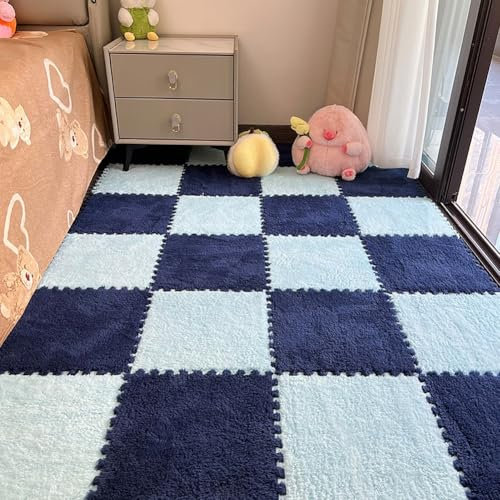 Lot de 12 carrés de tapis de sol puzzle en peluche emboîtables - Carreaux de sol antidérapants en mousse EVA - Construisez un espace sûr pour chambre à coucher, salle de jeux (bleu + nazy)