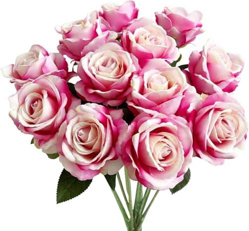 GIUSOBG 12 Pz Rose Finte in Seta Artificiale Bouquet 52cm Fiori Finti di Rosa con Steli Lunghi Rosa Fiori Artificiali Finte Artificiali per Decorazioni per la Casa di Nozze