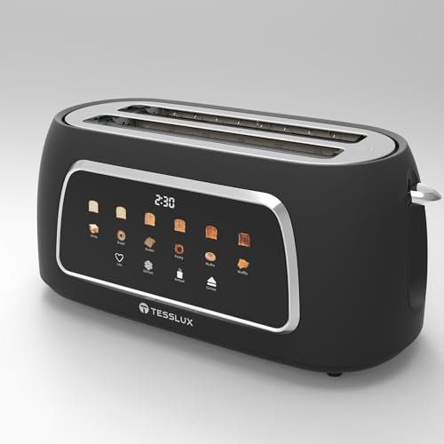 Tesslux 4 Slice Toaster with Touch Screen Control, 1.5 Wide Long Slots, 6 Browning Levels & 6 Bread Types, Digital Timer, Memory, Defrost, Reheat (Black)
