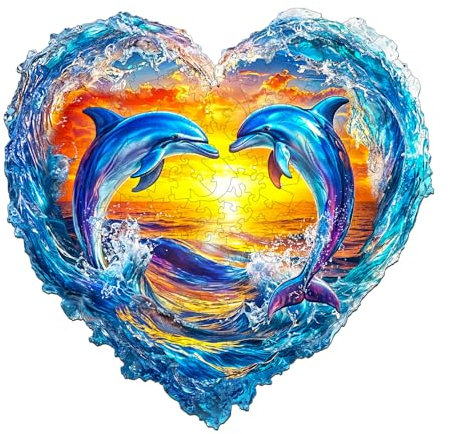 KaayeeWood Holzpuzzle Erwachsene,180 Teile Delfine mit Herz Holz Puzzle,Einzigartige Wooden Puzzle Mit Box Aus Holz Geburtstagsgeschenk für Erwachsene und Kinder