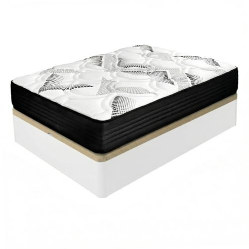 amuéblate online Packung Taschenfederkernmatratze mit Visco Eco Box + Boxspringbett aus verstärktem Holz, großes Fassungsvermögen, Weiß, 90 x 200 cm