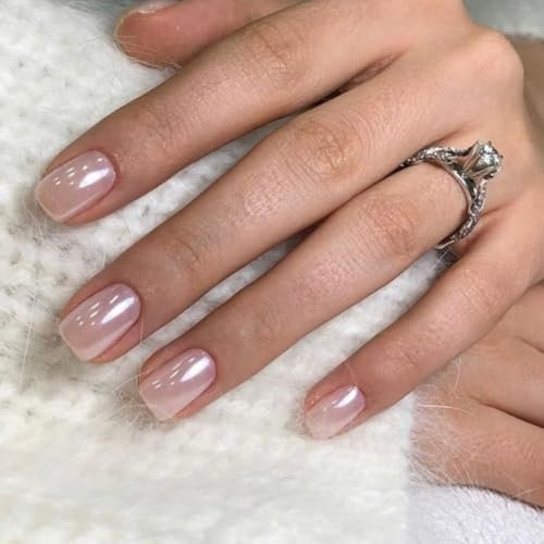 KQueenest Chrome Pastel Pink Press on Nails Short Square Glazed Glitter False Nails Short, Luxury Design Acrylic Fake Nails Set with Bling Mirror Effect Stick on Nail for Women 24 Pcs