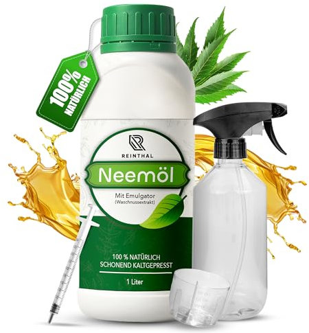 REINTHAL Olio di neem con emulsionante, 1000 ml, con accessori di alta qualità, 3 pezzi, cura naturale delle piante, produce 120 l, spray per olio di neem pronto a spruzzo, olio di neem per giardino e
