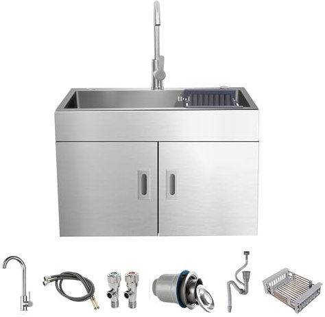 Fregadero de Acero Inoxidable de una Cubeta para Montaje en Pared, Fregaderos Industriales con Mueble y Grifo de Agua Fría y Caliente, Lavamanos con Kit de Desagüe y Cesta de Desagüe(69x46x45cm/27x18x