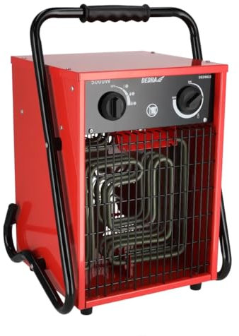 DEDRA Elektrischer Heizlüfter 5 kW, 400 V, quadratisch, rot, für gut isolierte Räume, Thermostat, Überhitzungsschutz, drei Betriebsarten, Temperaturregelung, Metallgehäuse, bis zu 50m2
