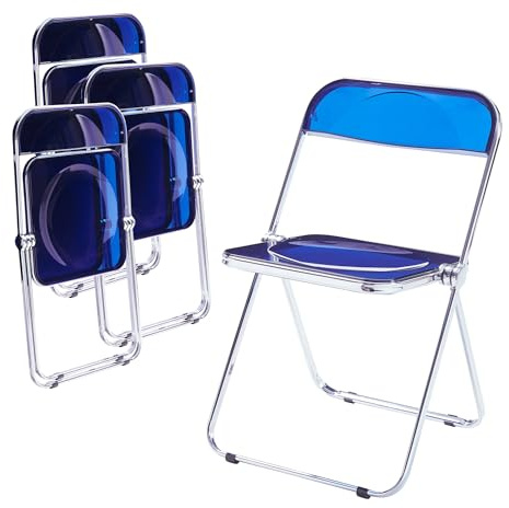 [en.casa] Klappstuhl Pornainen 4er Set Stuhl klappbar Esszimmerstühle 74 x 46 x 47 cm Schreibtischstuhl Belastbarkeit 120 kg Küchenstühle Metallgestell Dunkelblau, transparent