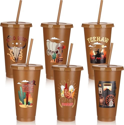 WWmily 6 Pcs 24 Oz Western Cowboy Plastic Tumbler with Lids and Straws Reusable Brown Drink Cups Gifts for Preppy Cowgirl Theme Rodeo Party Decorations Supplies