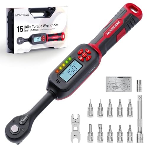 MOVECRAB Chiave dinamometrica digitale 1/4 di pollice, 1.5-30 Nm (1.1-22.1 ft-lb), Acciaio S2, adatto per mountain bike, armaioli e manutenzione biciclette, con chiavi freno 8/10 mme bussole