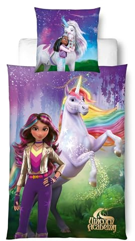 MTOnlinehandel Bettwäsche Unicorn Academy 135x200 - Mädchen Geschenkidee, 1x Kissenbezug 80x80 + Bettbezug 135x200, mit Reißverschluss - Sophia, AVA, Layla Kinderbettwäsche für Einhorn Fans