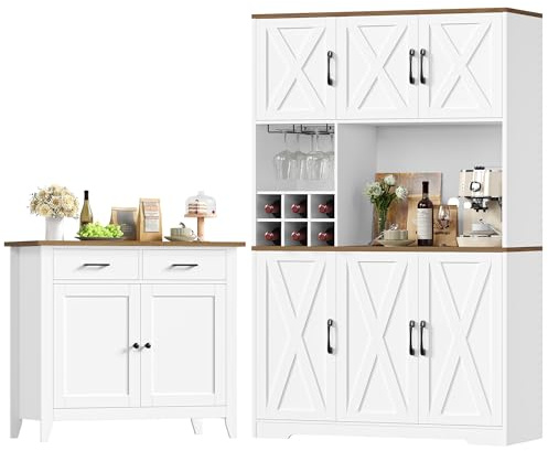 HOCSOK Küchenschrank Set, Buffetschrank mit Weinglashalter & Glashalter | Sideboard Küche mit 2 Schubladen, Hochschrank Hausbar für Kaffeebar, Esszimmer, Wohnzimmer, Landhausstil