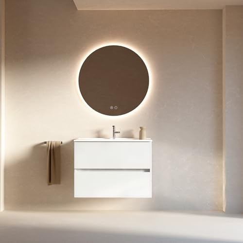 Feel Your Bath Mueble de Baño Lion 80 cm Blanco Brillo con Encimera Blanca Brillo, con Espejo Redondo LED Antivaho, Lavabo Incluido, 2 Cajones Soft Close, Diseño Suspendido, Buen almacenaje práctico