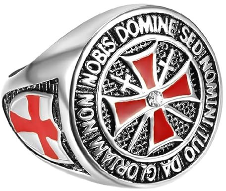 BOBIJOO JEWELRY - Chevalière Bague Anneau Homme Chevalier Templier Tout Argenté Croix Rouge Email Diamant Trésor - 22,6 (13 US)