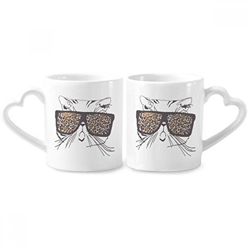 DIYthinker Leopard Print Sunglass Cat Head Animal Couple Mugs Ceramic Lover Cups Heart Handle 12oz Gift