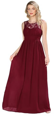 Babyonlinedress Robe de Soirée Femme Dentelle Longue de Mariage Demoiselle d'honneur Plissé sans Manches en Mousseline Bordeaux 32