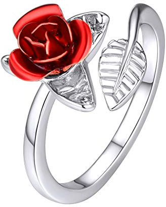Suplight Bague Femme Ouverte Anneau Réglable Plaqué Or Blanc Décor de Rose Fleur Rouge Bijoux Fantaisie pour Jeune Fille Accessoire Cadeau Parfait pour des Anniversaire Fêtes