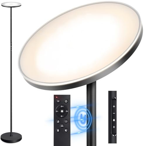OUTON Stehlampe LED Dimmbar 30W 3000Lumen, Moderne Deckenfluter Stehleuchte Stufenlos mit 4 Farbtemperaturen, Fernbedienung & Touch-Steuerung, 1H Timer für Wohnzimmer Schlafzimmer Büro, Schwarz