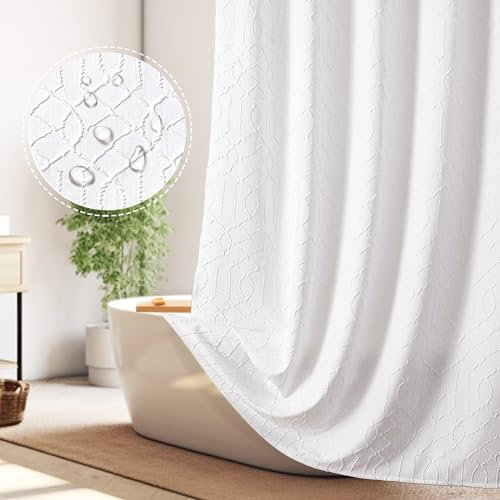 OWENIE Rideau de Douche Blanc pour Salle de Bain, Motif géométrique en Relief 3D, Tissu imperméable, Moderne, Luxueux, élégant, Design innovant, Style hôtel, 183 x 183 cm